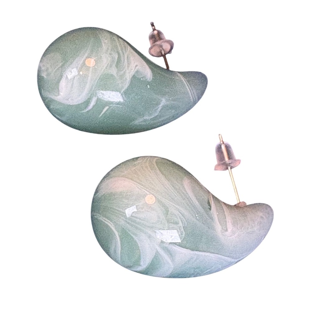 Teardrop Marbled Resin Dangle Earrings Green White Swirl‎ Post Back